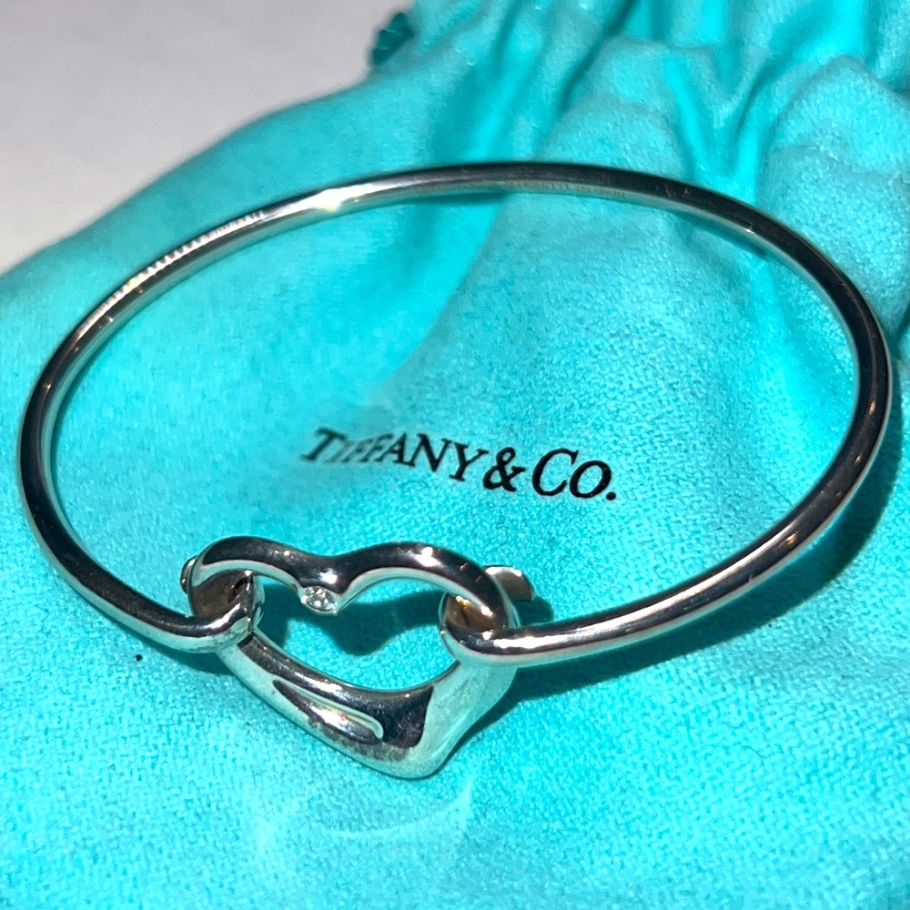 Tiffany & Co Sterling Silver Elsa Peretti Diamond Open Heart Bangle Bracelet.